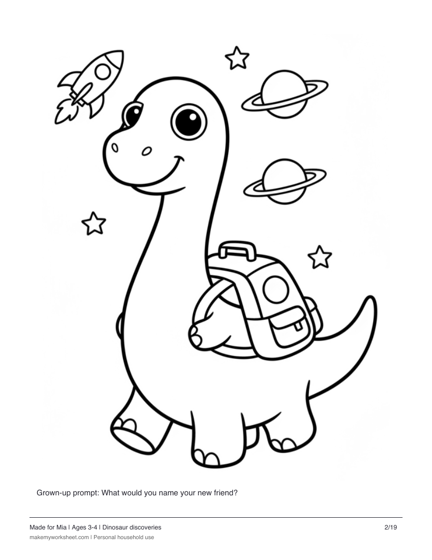 Dinosaur coloring activity personalized for Mia