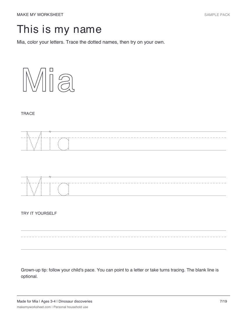 Mia's name coloring and tracing worksheet