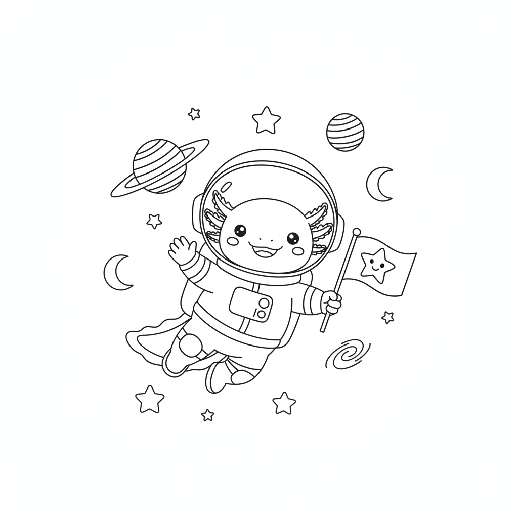 Axolotl coloring page showing an axolotl astronaut floating past planets and stars