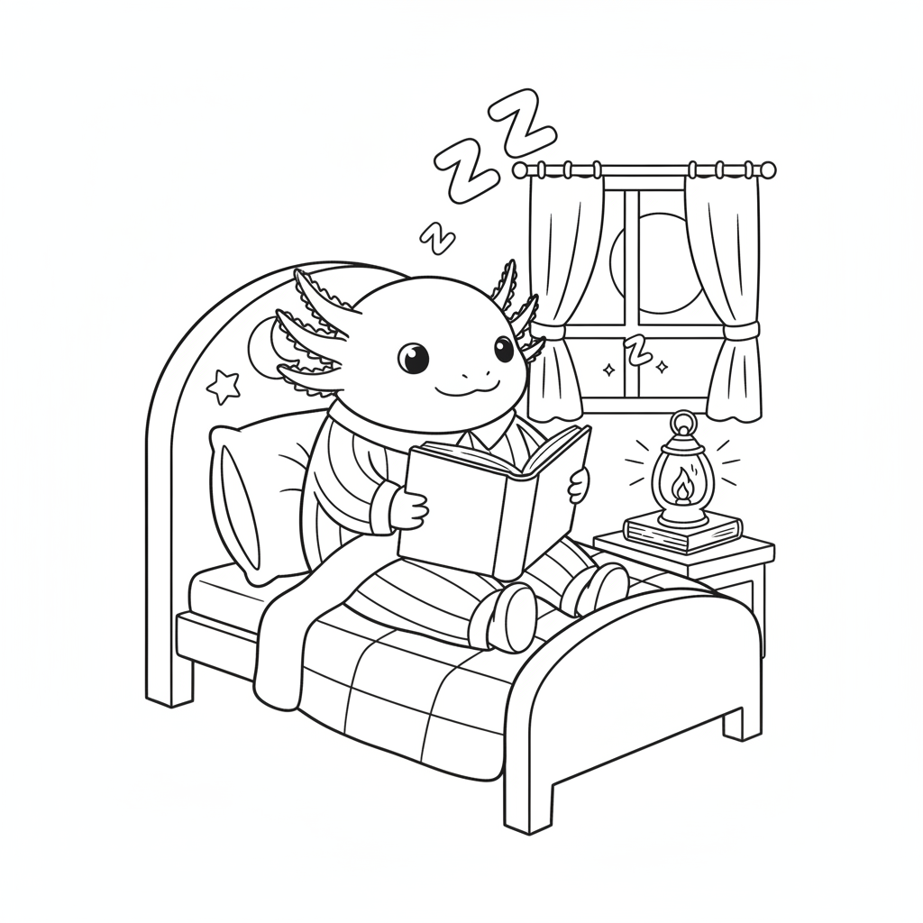 Axolotl coloring page showing an axolotl in pajamas reading a book in bed by lantern light
