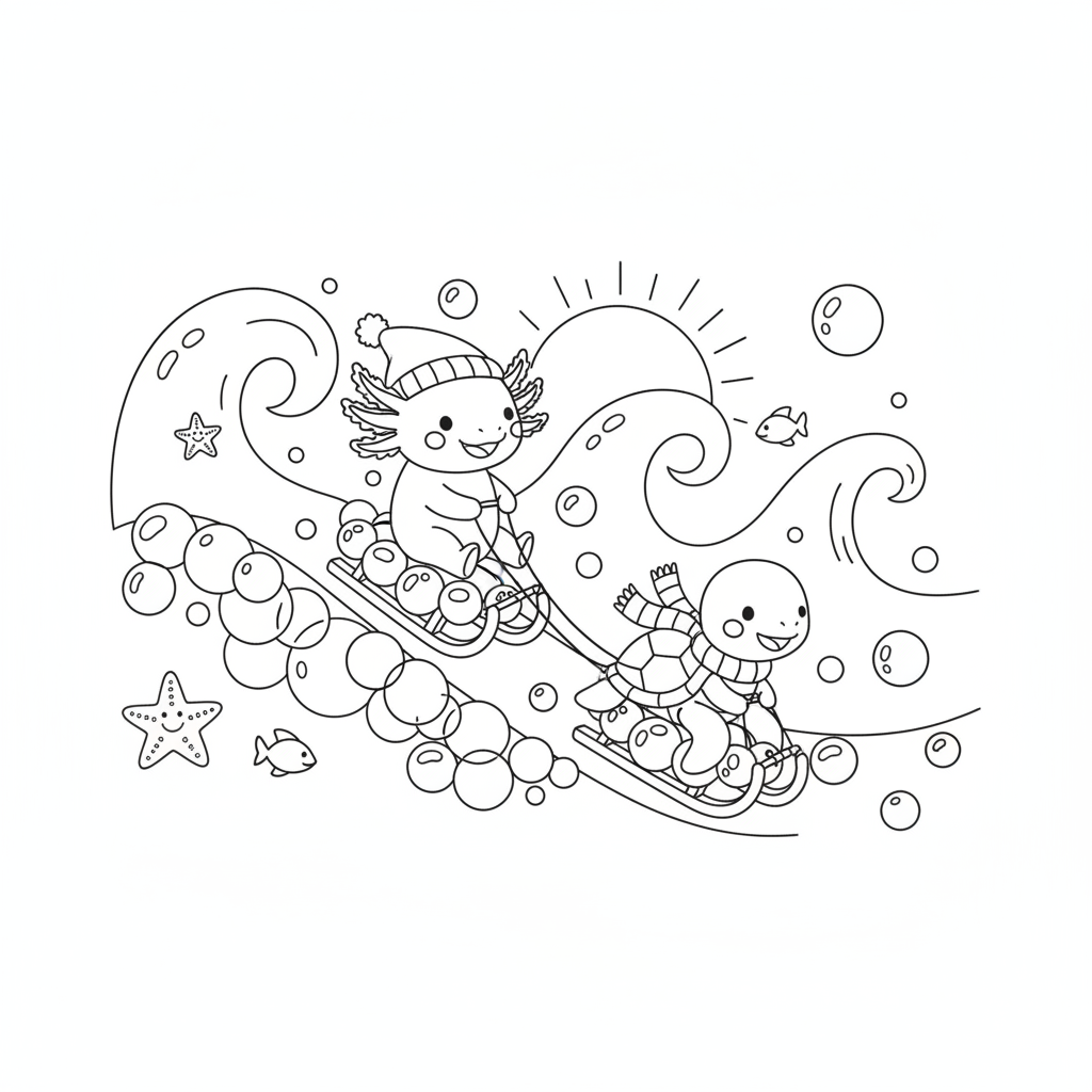 Axolotl coloring page showing an axolotl sledding down a hill of bubbles with a sea turtle