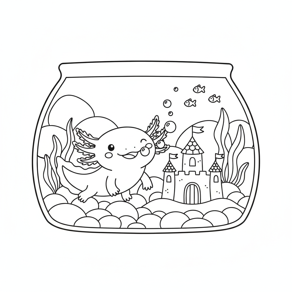 Axolotl coloring page showing a smiling axolotl blowing bubbles beside a little castle in a cozy fish tank