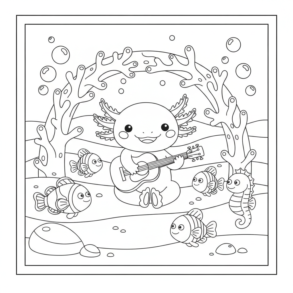 Axolotl coloring page showing an axolotl playing a tiny guitar under a coral archway for fish friends
