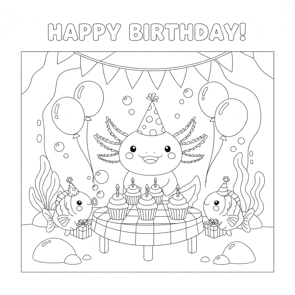 Axolotl coloring page showing an axolotl birthday party with cupcakes, party hats, and fish friends