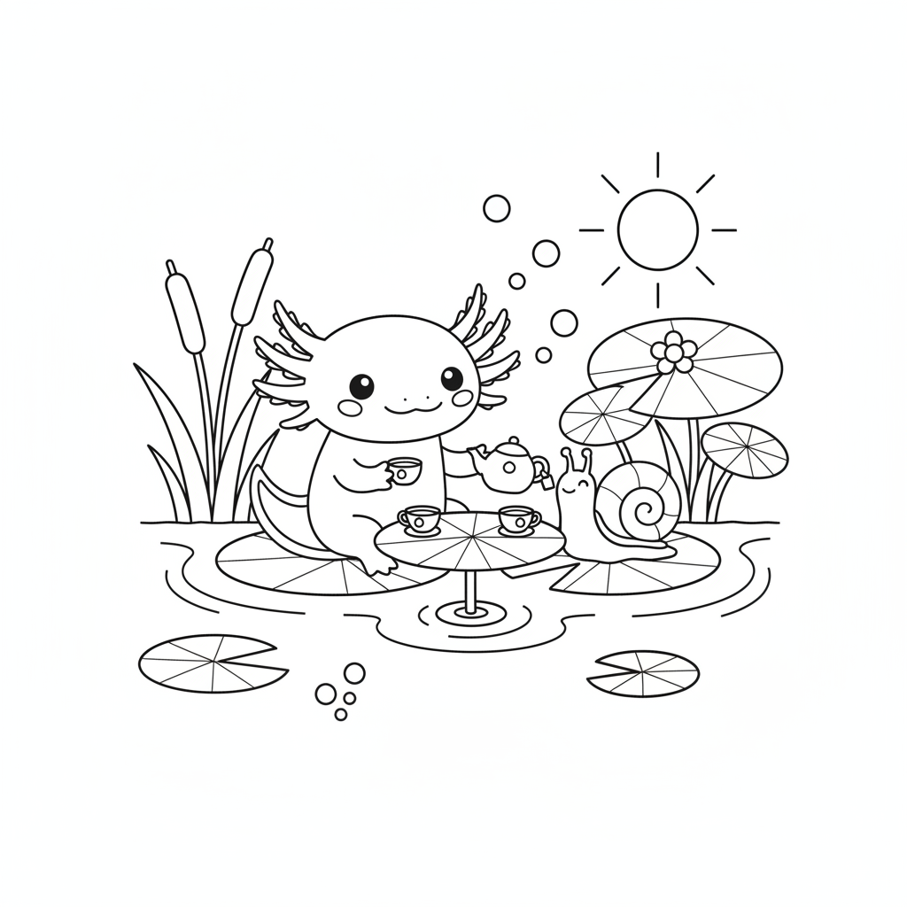 Axolotl coloring page showing an axolotl having a tea party with a snail on a lily pad