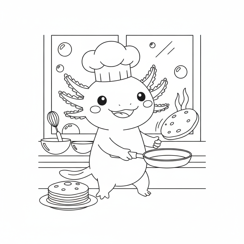 Axolotl coloring page showing an axolotl wearing a tiny chef hat flipping pancakes