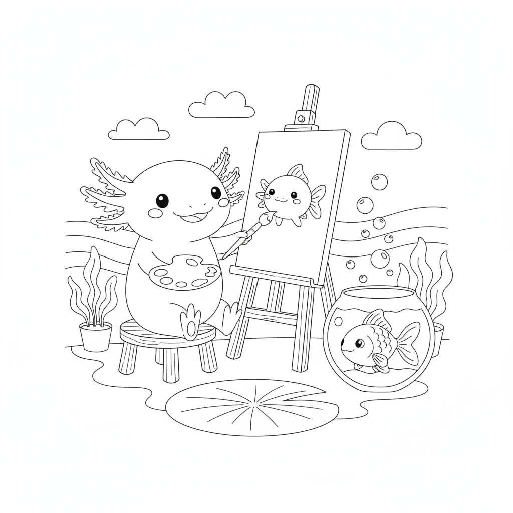 Axolotl coloring page showing an axolotl at an easel painting a portrait of its goldfish friend