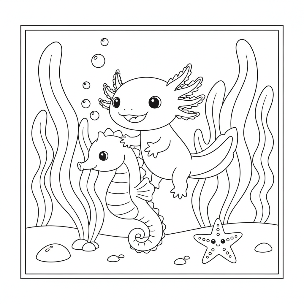 Axolotl coloring page showing an axolotl riding a seahorse through a kelp forest