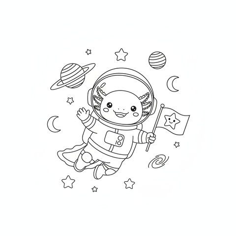 Axolotl coloring page: an axolotl astronaut floating past planets and stars