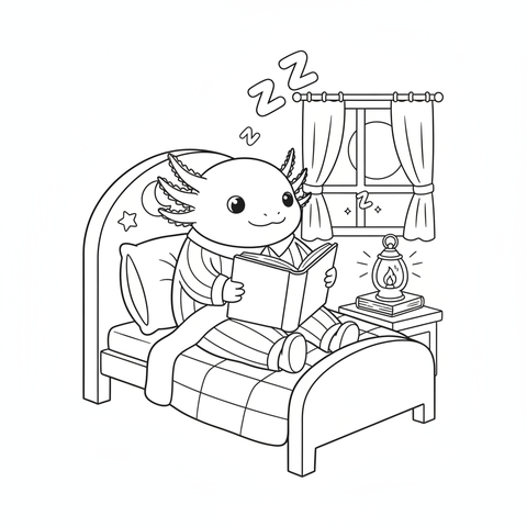Axolotl coloring page: an axolotl in pajamas reading a book in bed by lantern light