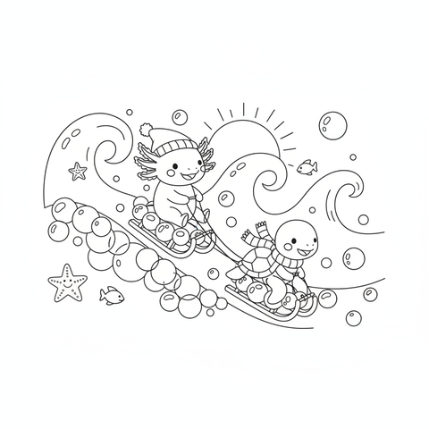 Axolotl coloring page: an axolotl sledding down a hill of bubbles with a sea turtle
