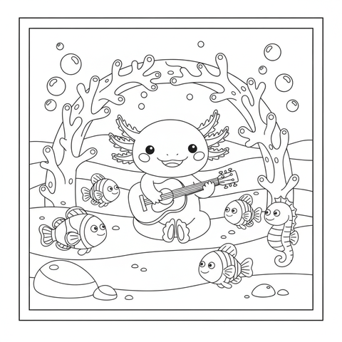 Axolotl coloring page: an axolotl playing a tiny guitar under a coral archway for fish friends
