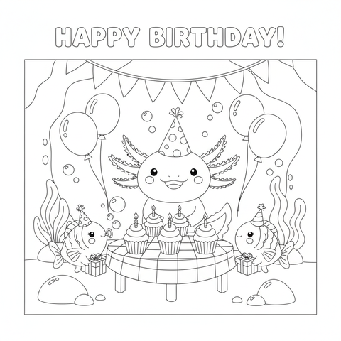 Axolotl coloring page: an axolotl birthday party with cupcakes, party hats, and fish friends