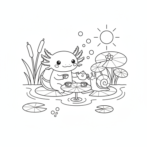 Axolotl coloring page: an axolotl having a tea party with a snail on a lily pad