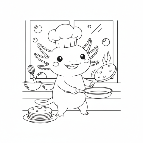 Axolotl coloring page: an axolotl wearing a tiny chef hat flipping pancakes