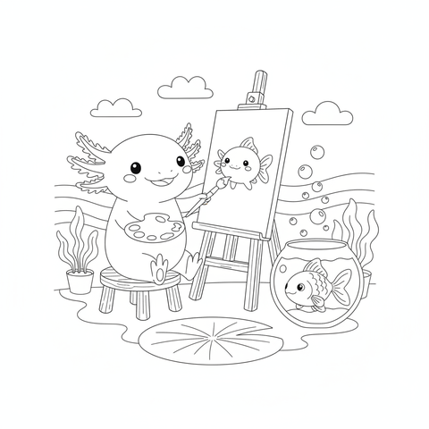 Axolotl coloring page: an axolotl at an easel painting a portrait of its goldfish friend
