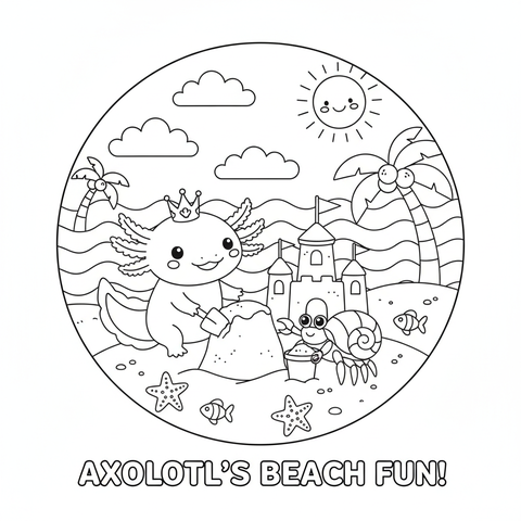 Axolotl coloring page: an axolotl building a sandcastle with a hermit crab