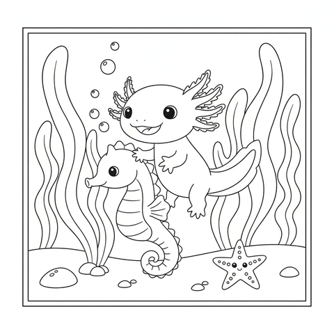 Axolotl coloring page: an axolotl riding a seahorse through a kelp forest