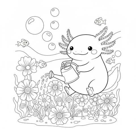 Axolotl coloring page: an axolotl watering a garden of sea flowers with a watering can