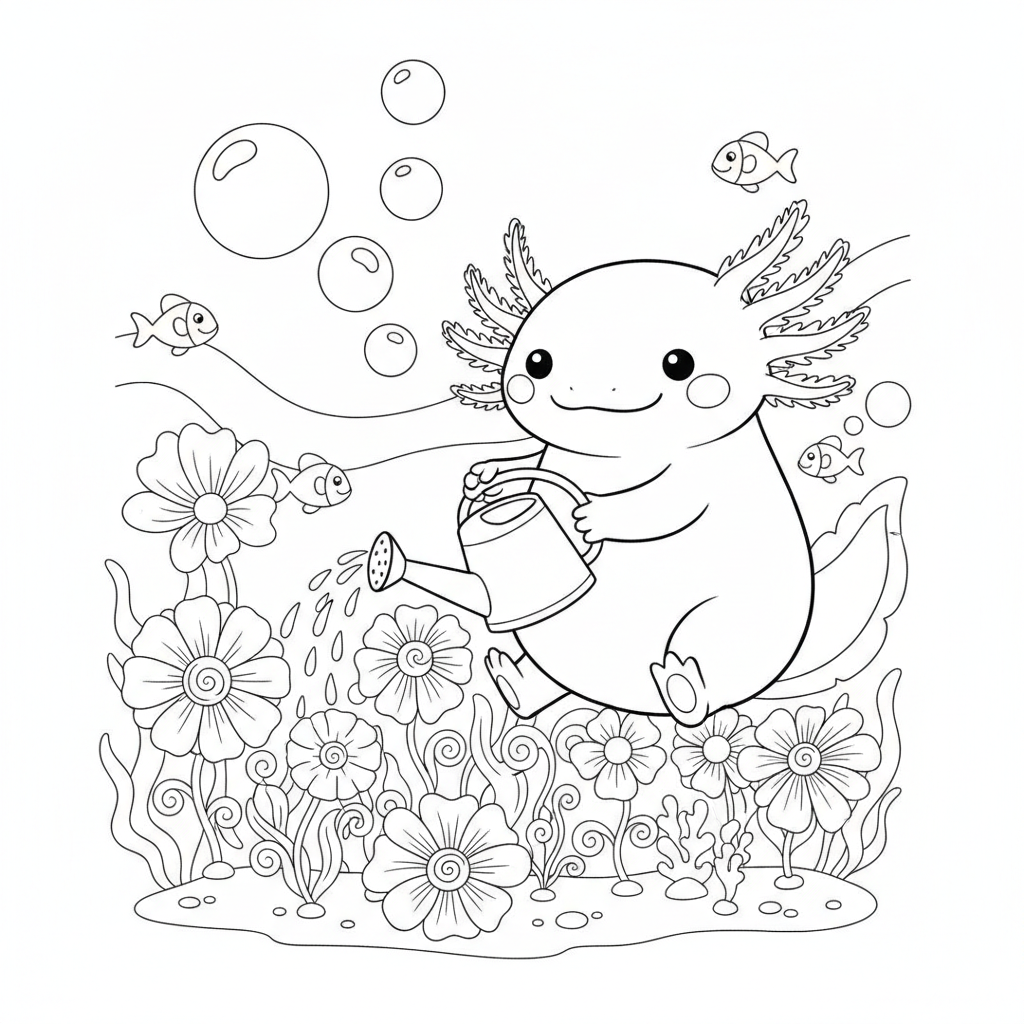 Axolotl coloring page showing an axolotl watering a garden of sea flowers with a watering can