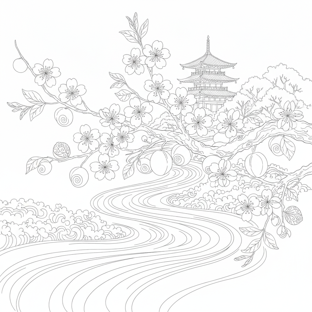 Botanical coloring page showing a fruiting branch of cherry blossoms and young plums