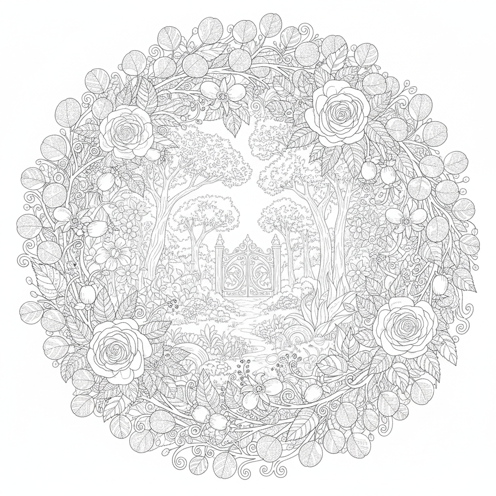 Botanical coloring page showing an intricate wreath of eucalyptus leaves, wild roses and trailing vines