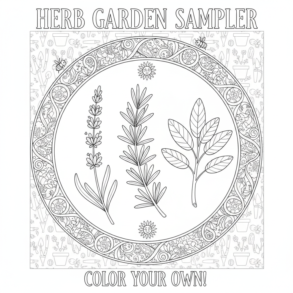 Botanical coloring page showing an herb garden sampler with sprigs of lavender, rosemary and sage
