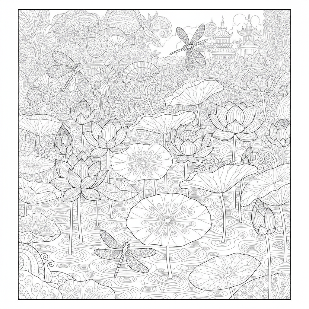 Botanical coloring page showing a lotus pond with lily pads, dragonflies and rippling water