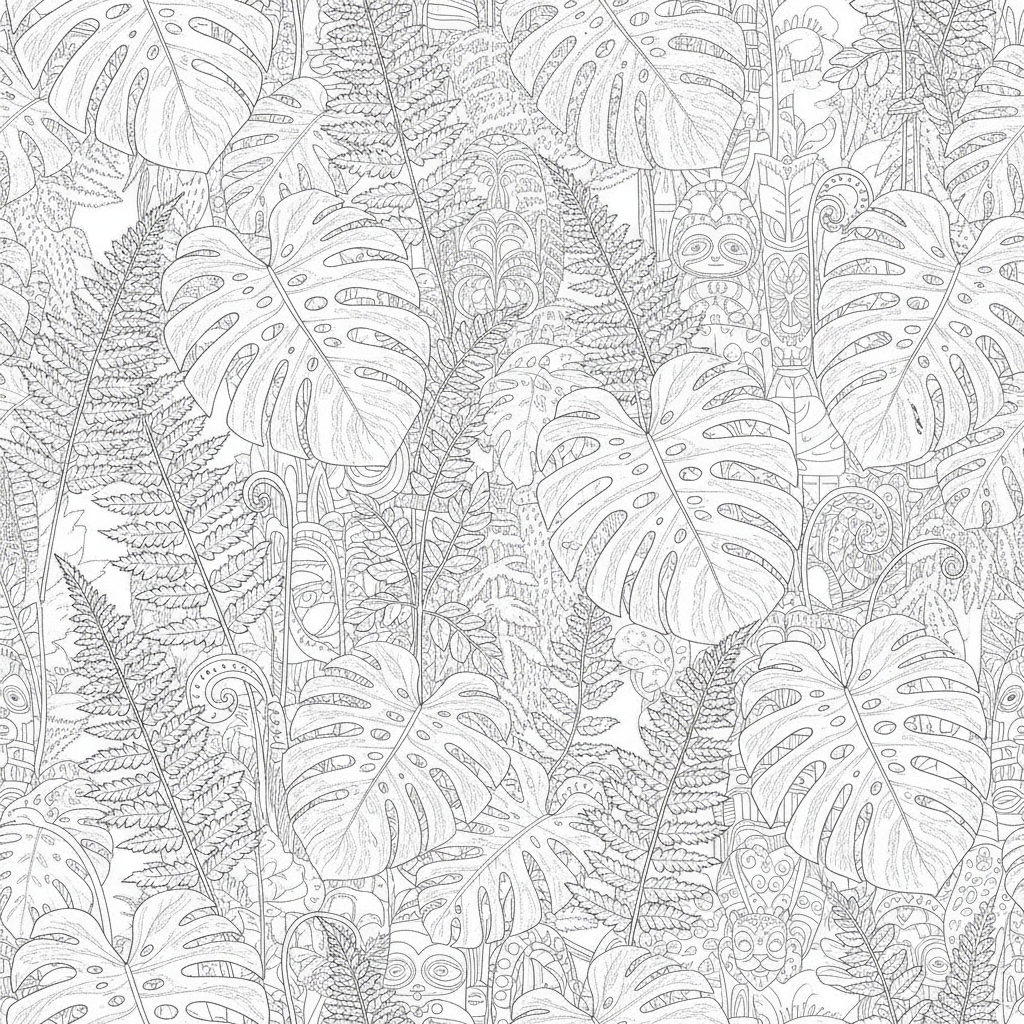 Botanical coloring page showing a dense jungle pattern of monstera leaves and layered ferns