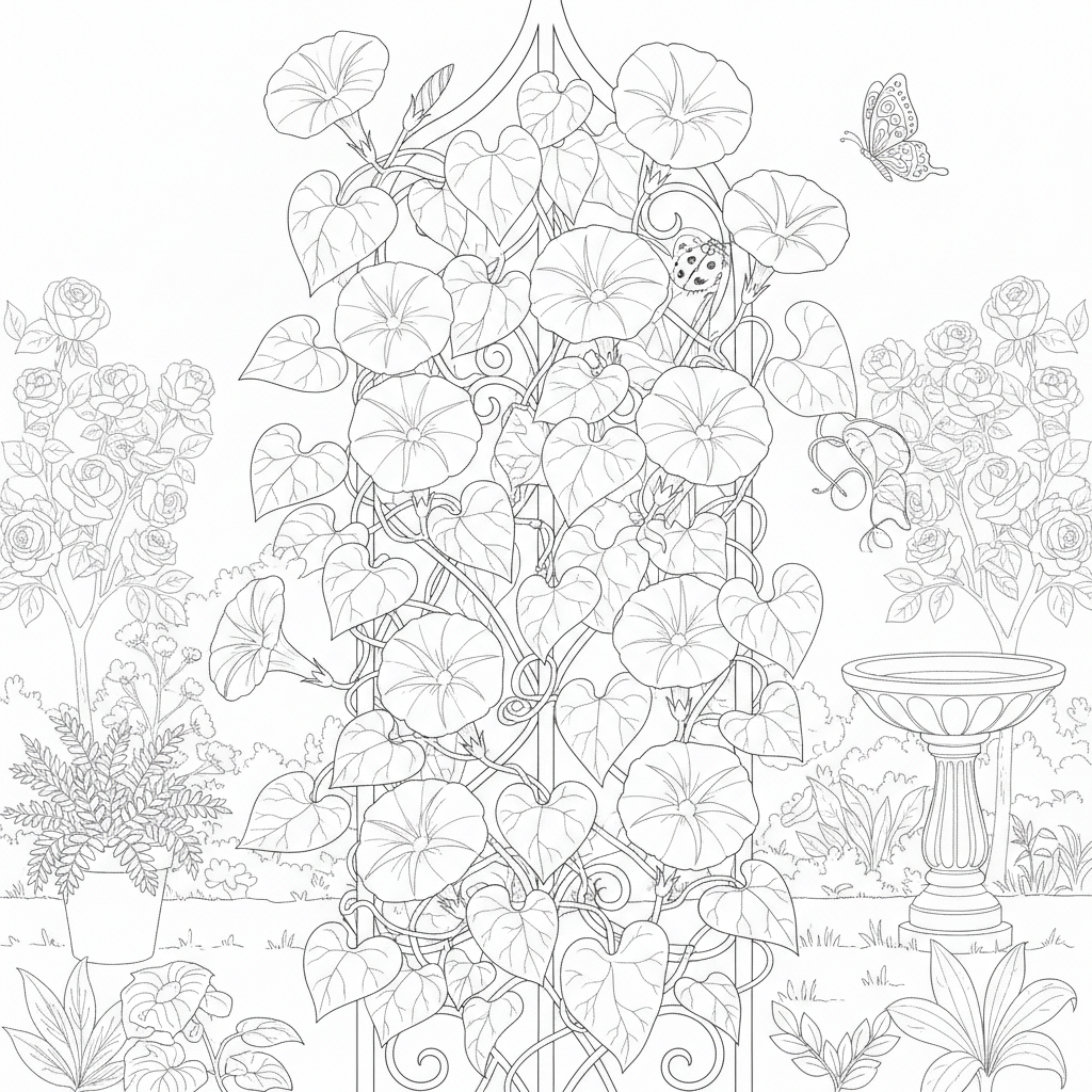 Botanical coloring page showing a climbing morning glory vine wrapping around a garden trellis