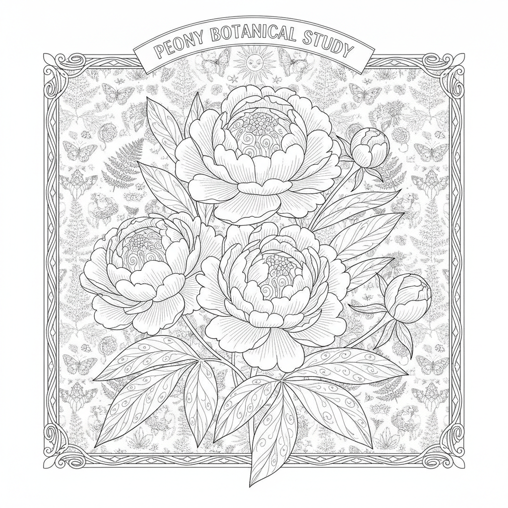 Botanical coloring page showing a vintage botanical study of peonies in full bloom with buds and leaves