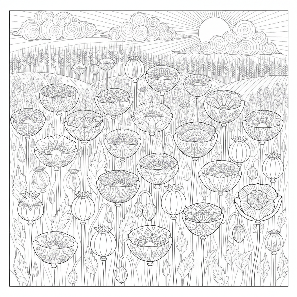 Botanical coloring page showing a field of poppies with detailed seed pods and slender stems