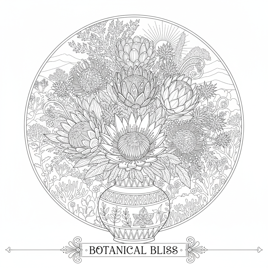 Botanical coloring page showing a bouquet of protea flowers, thistles and dried grasses