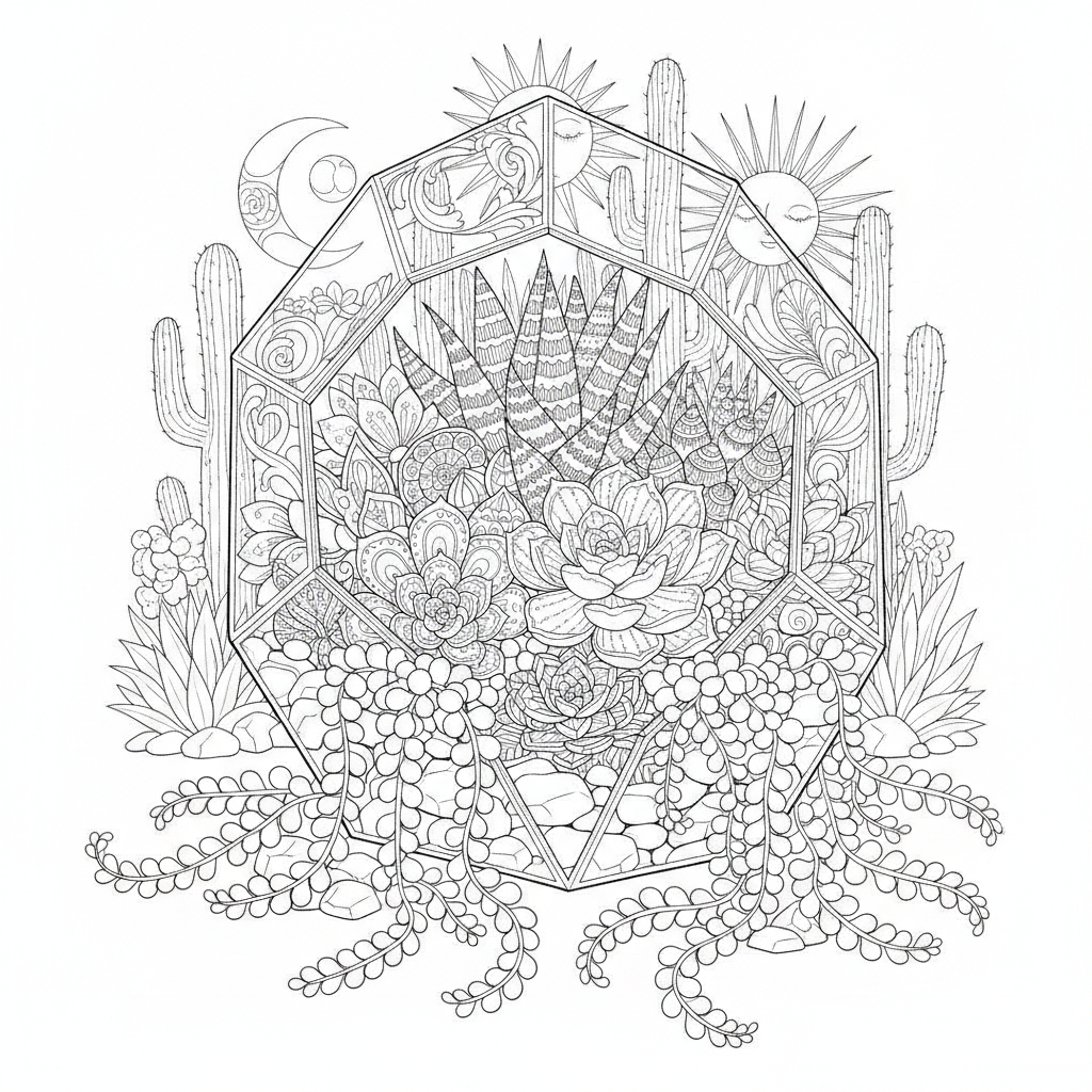 Botanical coloring page showing a glass terrarium bursting with echeveria rosettes and trailing succulents