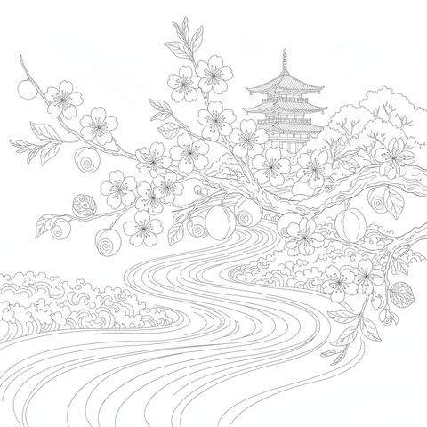 Botanical coloring page: a fruiting branch of cherry blossoms and young plums