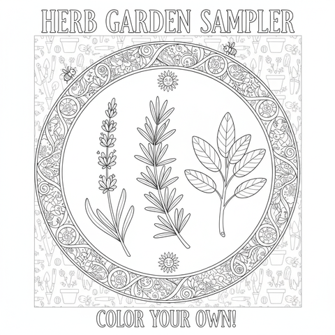 Botanical coloring page: an herb garden sampler with sprigs of lavender, rosemary and sage