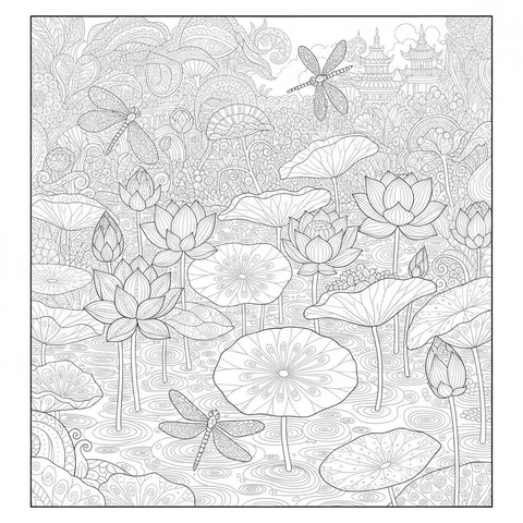 Botanical coloring page: a lotus pond with lily pads, dragonflies and rippling water