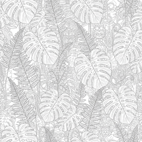 Botanical coloring page: a dense jungle pattern of monstera leaves and layered ferns