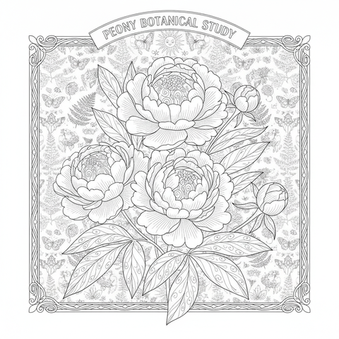 Botanical coloring page: a vintage botanical study of peonies in full bloom with buds and leaves