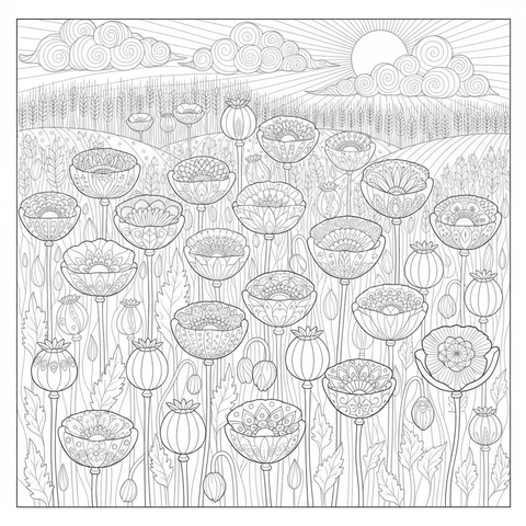 Botanical coloring page: a field of poppies with detailed seed pods and slender stems
