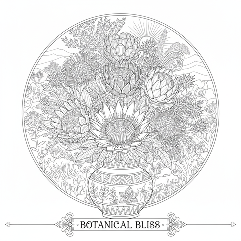 Botanical coloring page: a bouquet of protea flowers, thistles and dried grasses