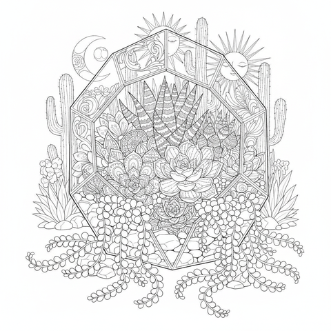 Botanical coloring page: a glass terrarium bursting with echeveria rosettes and trailing succulents