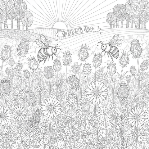 Botanical coloring page: a wildflower meadow border with bees and detailed seed heads