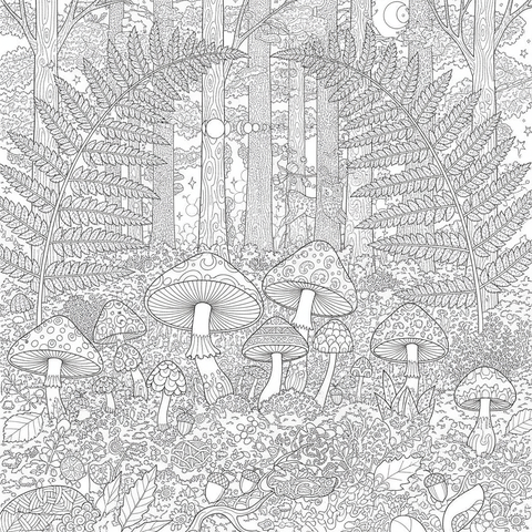 Botanical coloring page: a fern and mushroom woodland floor study with detailed moss