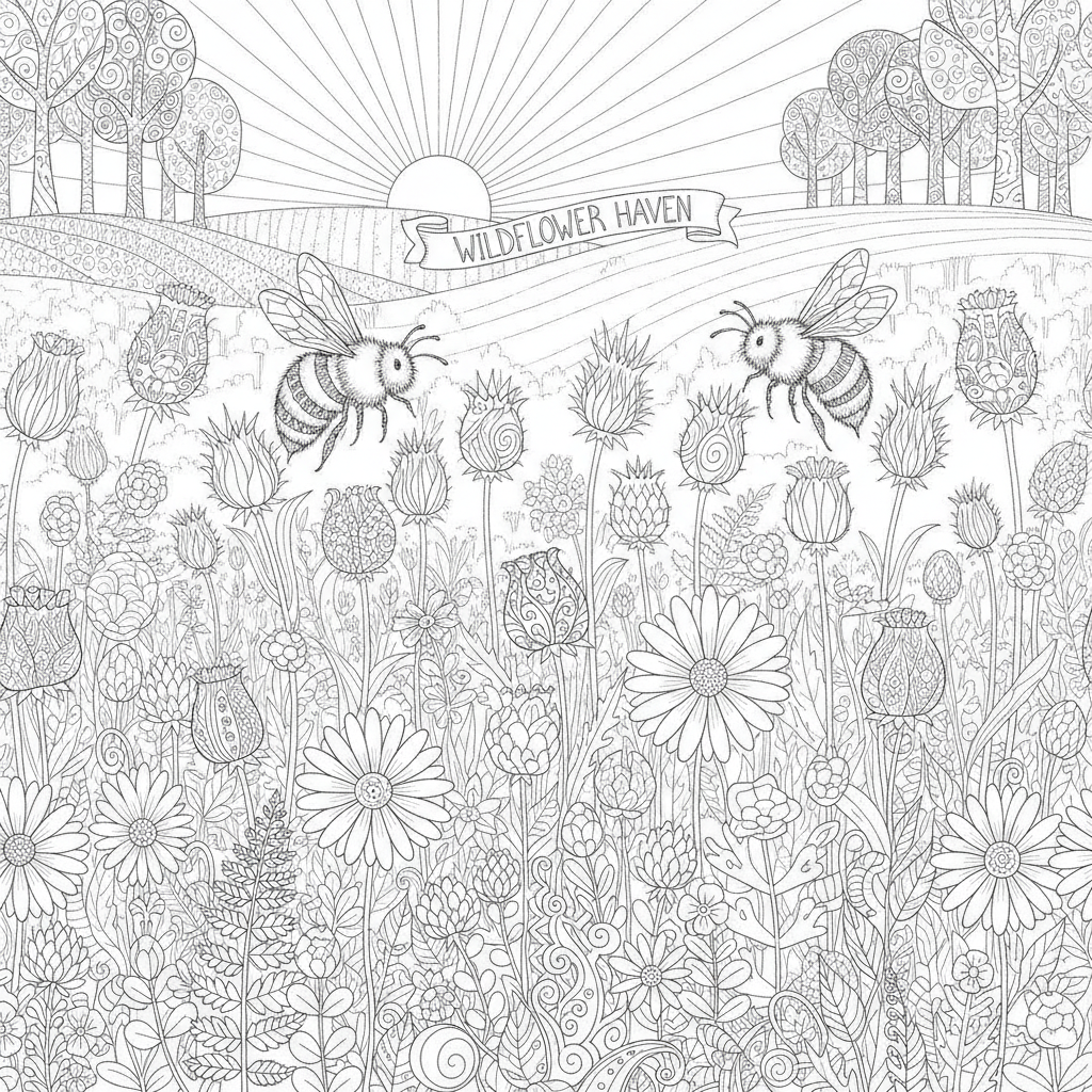 Botanical coloring page showing a wildflower meadow border with bees and detailed seed heads