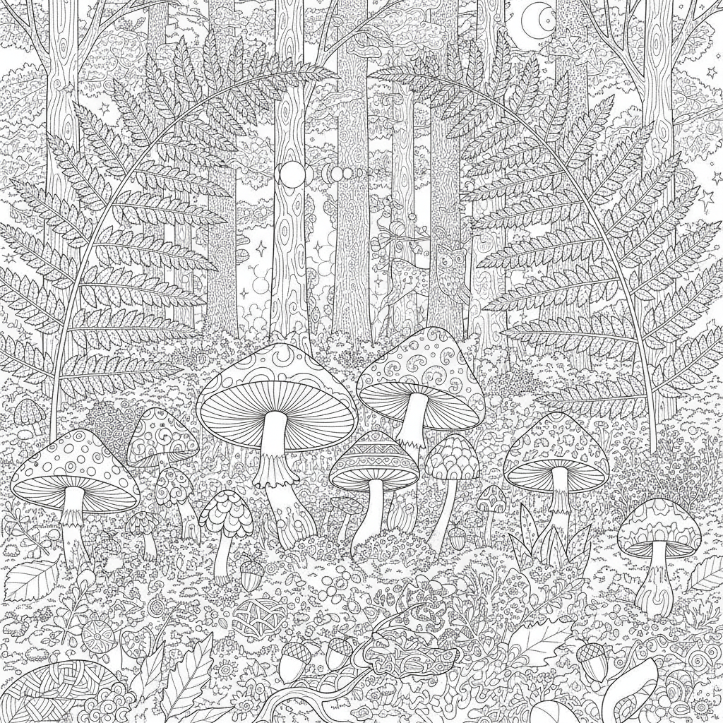 Botanical coloring page showing a fern and mushroom woodland floor study with detailed moss