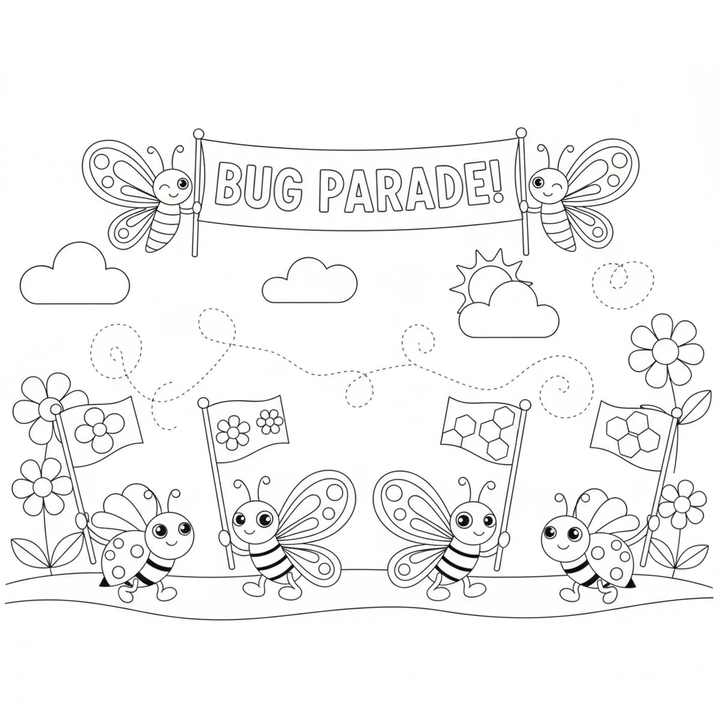 Butterfly coloring page showing a butterfly parade with ladybugs and bees carrying flags