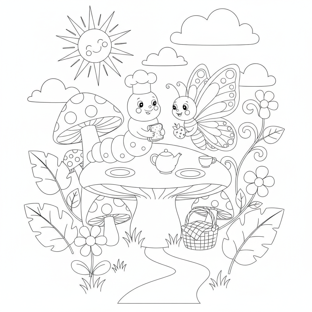 Butterfly coloring page showing a caterpillar and a butterfly having a picnic together on a mushroom table