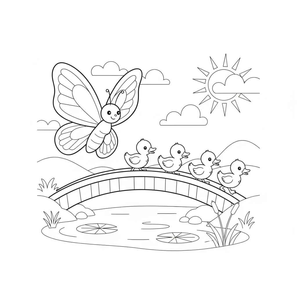 Butterfly coloring page showing a butterfly leading a line of baby ducklings across a little pond bridge