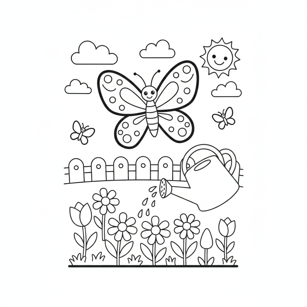 Butterfly coloring page showing a butterfly garden with a watering can, daisies and tulips